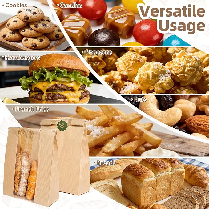 Funcoo 50 Paper Bread Bags for Homemade Bread, Sourdough Bread Bags Bakery Bags with Window/Tin Tie Tab Lock, Large Bread Loaf Bags for Baked Goods Packaging, Label Seal sticker included (50)
