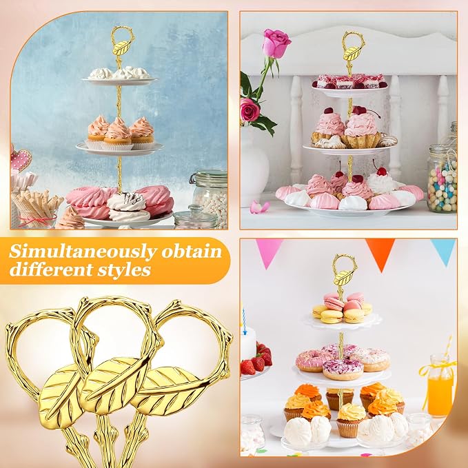 Patelai 6 Sets 3 Tier Cake Stand Hardware Tiered Tray Plate Hardware Kit Heavy Metal Cake Fruit Food Plate Stand Fitting Stacking Kit for Serving Dessert Cupcake Dish (Leaf,Gold)