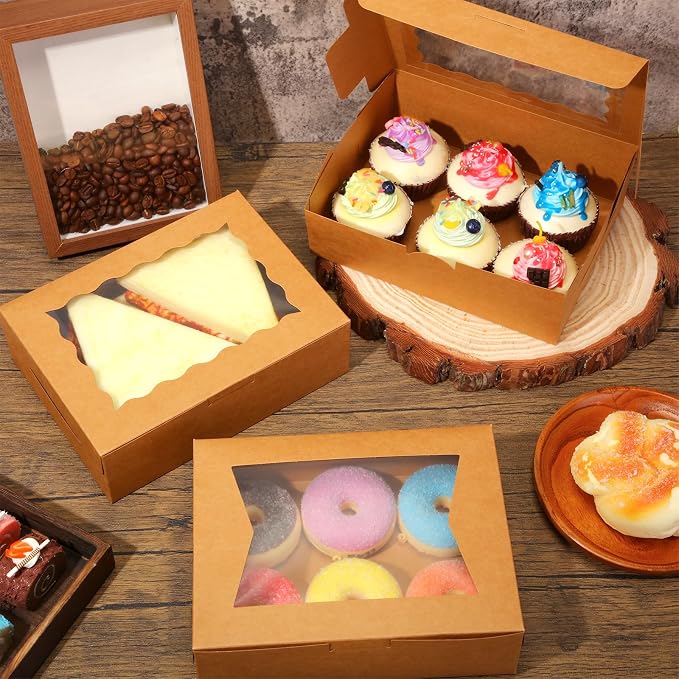 TaoBary 100 Pcs 8 Inch Bakery Boxes 8 x 6 x 2.5 Inch Cookie Pastry Boxes with 2 Style Window for Cookie Treat Chocolate Strawberries Cupcakes Candy Muffins(Kraft)