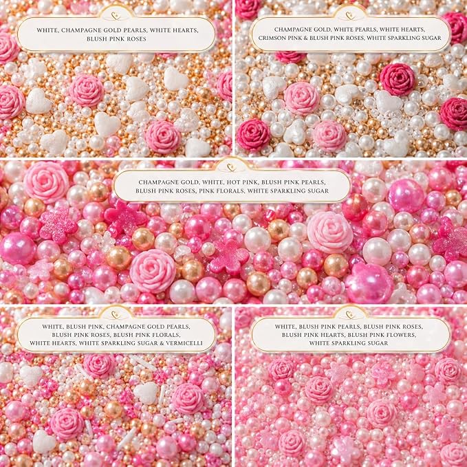 Confect Pink Mini Roses I Silver Hearts & Vermcelli and White Pearls | Anniversary Sprinkles | Sprinkles for Baking & Cake Decorative | Edible sprinkles - Vegan, Gluten-Free, Nut-Free, Soy-Free, Dairy-Free , Handcrafted Sprinkle 5 Oz