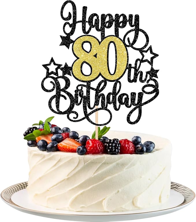1 PCS Happy 80th Birthday Cake Topper Black Gold Glitter Cheers to 80 Years Birthday Cake Pick Hello 80 Fabulous Cake Decoration for Happy 80th Birthday Anniversary Party Decorations Supplies