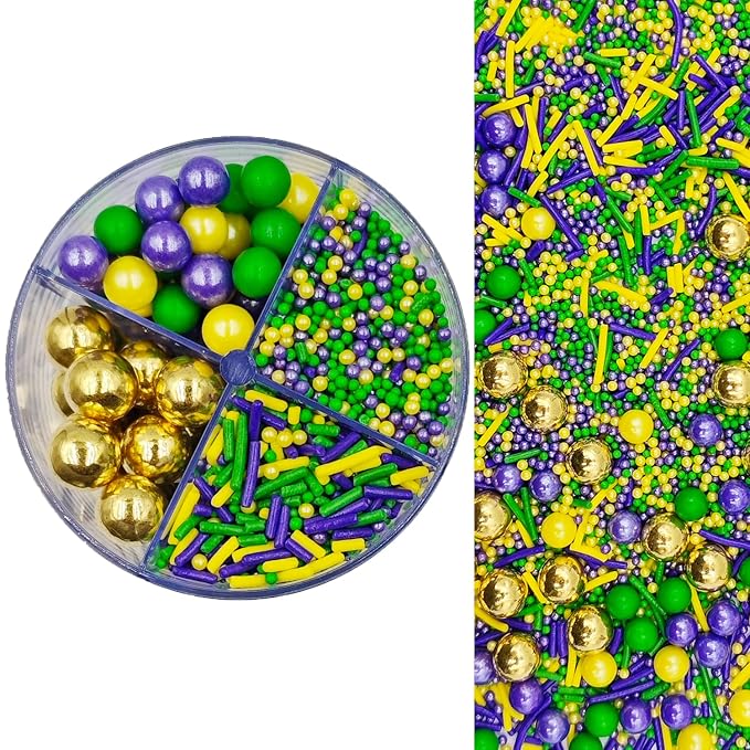 Mix Mardi Gras Sprinkles, Edible Purple Yellow Green 2mm Nonpareils, Jimmies, 7mm Pearls, 10mm Gold Pearls for Cake Decorating, Baking, Ice Cream, Cookies, Cupcake Topper Decorations, 5.64oz