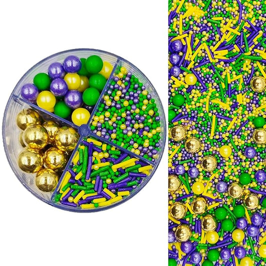 Mix Mardi Gras Sprinkles, Edible Purple Yellow Green 2mm Nonpareils, Jimmies, 7mm Pearls, 10mm Gold Pearls for Cake Decorating, Baking, Ice Cream, Cookies, Cupcake Topper Decorations, 5.64oz