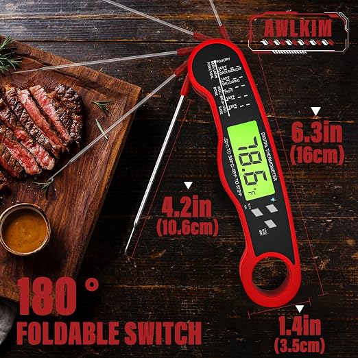 AWLKIM 2 Pack Digital Meat Thermometer, Instant Read Thermometer, Red | 2-pack grill and kitchen thermometers with backlit displays and magnetic storage