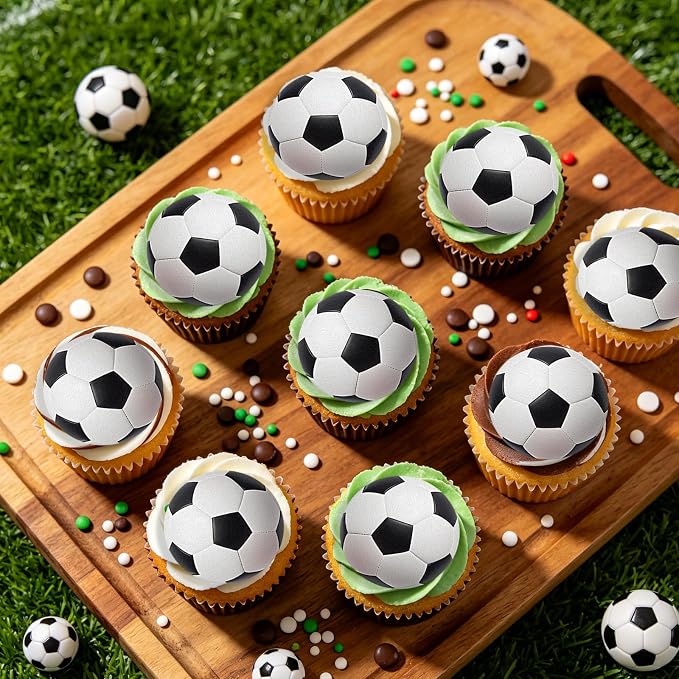 48PCS Edible Soccer Balls Cupcake Toppers Edible Soccer Football Cake Decorations for Sports Ball Game Theme Baby Shower Birthday Party Cake Decorations Supplies