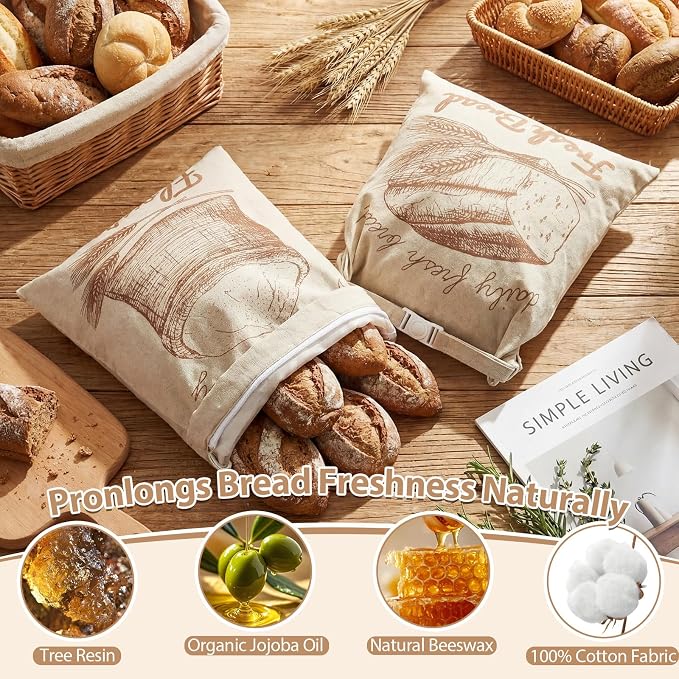 Hsei 5 Pack Beeswax Bread Bags for Sourdough & Homemade Bread 17 x 13'' XL Reusable Organic Linen Wraps with Sealing Zip for Fresh Food Storage Loaf Fresh Freezer Baker Gift