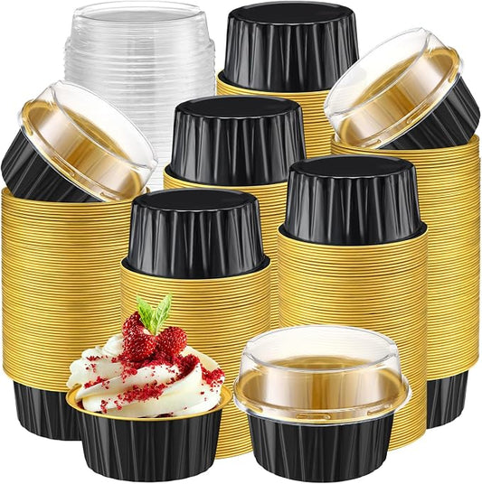 Gejoy 500 Pcs Aluminum Foil Baking Cups with Lids 5 oz Disposable Ramekins Mini Cake Pans Creme Brulee Cupcake Liners Muffin Dessert Container for Wedding Birthday Party (Classic,Black and Gold)