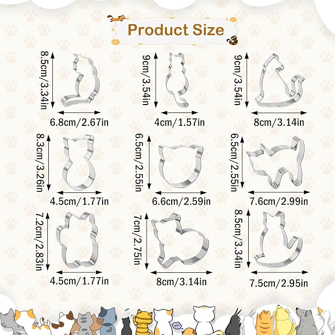 9 PCS Cat Cookie Cutter Set, Stainless Steel Kitten Shaped Cookie Cutter Pet Cats Biscuit Cutters Molds DIY Crafts Baking Molds for Cat Lover Cat Theme Party Homemade Treats Baking