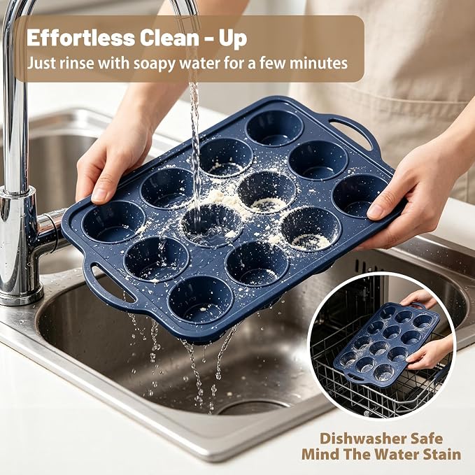 2 Pack Silicone Muffin Pan 12 and 24 Cup with Metal Frame,Non Stick Silicone Mini Cupcake Pan with Handles, BPA Free Silicon Regular Muffin Tin Tray Small for baking, egg bites, Mold Grey