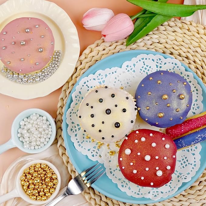 Edible Pearls, Sprinkles for Cake Decorating, Gold Silver White and Black Pearl Sprinkles, Edible Cake Decorations, Cupcake Toppers, Ice Cream Toppings, 110g/3.88oz