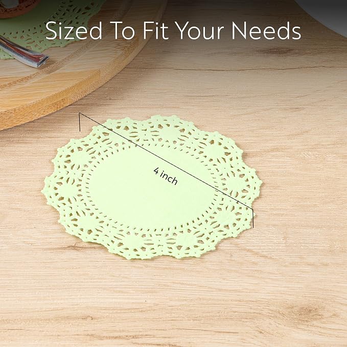 Pastry Tek 4 x 4 Inch Paper Lace Doilies, 100 Disposable Table Doilies - Elegant Lace Finish, Long Lasting, Green Paper Doily, for Pastries, Cupcakes, Desserts - Restaurantware