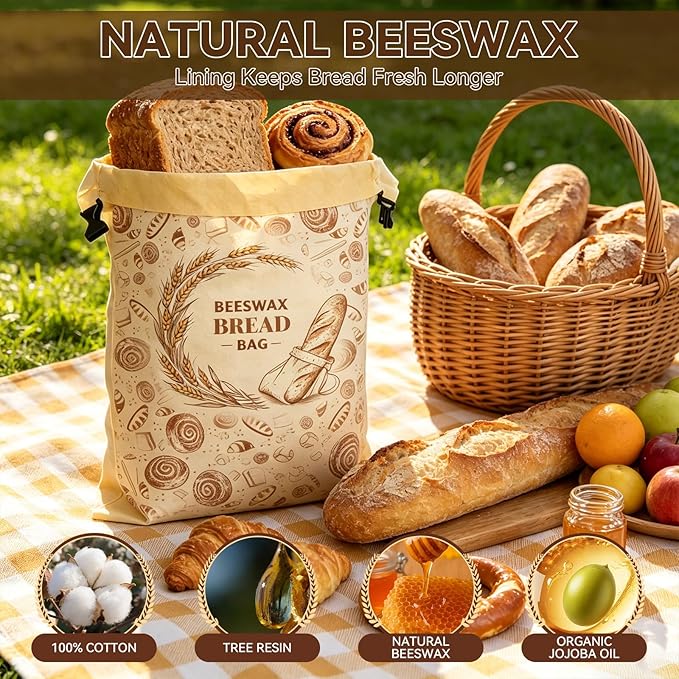 2 Pack Beeswax Sourdough Bread Bags for Homemade Bread (2 Pack + 1 Wrap) -17"x13" Reusable Cotton Beeswax Bread Bag with Lock Closure, Non-Flaking & Breathable for Fridge