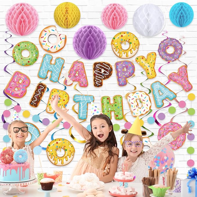 Pasimy 34 Pcs Donut Happy Birthday Banner Donut Party Decorations Doughnut Grow Hanging Swirls Candyland Wall Decor Honeycomb Balls and Dot Garland for Doughnut Birthday Baby Shower Party Supplies