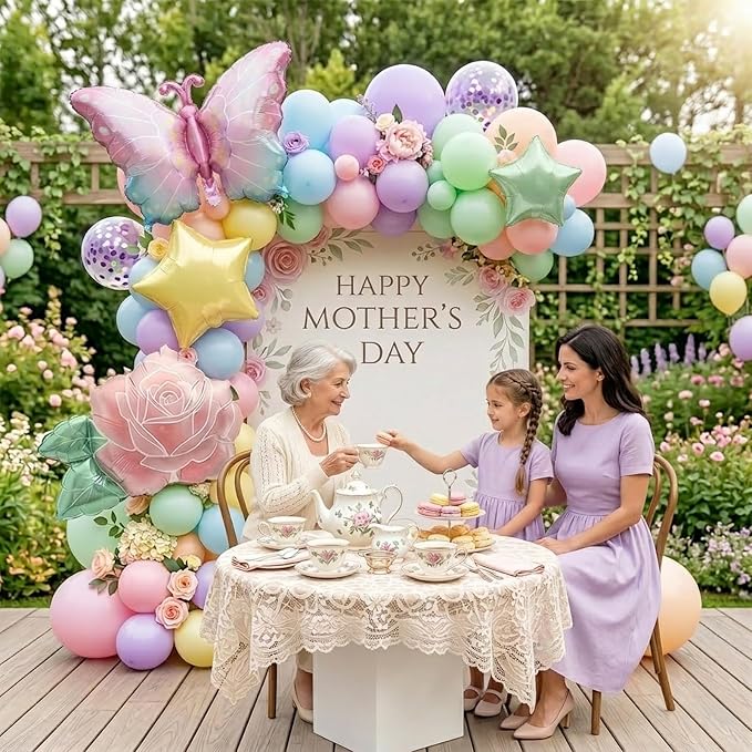 Pastel Mother's Day Balloon Garland Arch Kit with Macaron Balloon Arch kit & Flower Butterfly, Pink Rose Foil Balloons for Mother's Day Decor, Women's Birthday, Tea Party Supplies