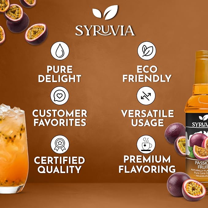 Syruvia Passion Fruit Syrup, Naturally Flavored Syrup for Drinks, Lemonades, Iced Teas, and Desserts – 25.4 fl oz - with Pump