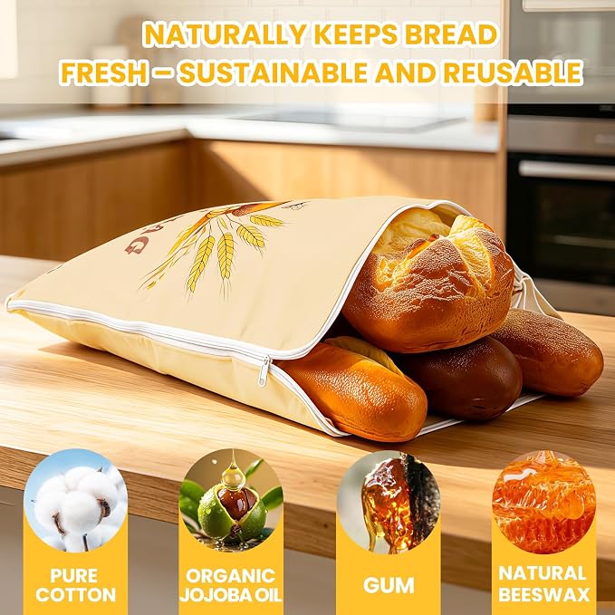 2 Pack Wide Zipper Access Beeswax Bread Bags for Sourdough Bread, Reusable Organic Linen Beeswax Bread Bag for Homemade Sourdough for Homemade Bag to Keep Fresh Longer, Kitchen Storage (Oatmeal)