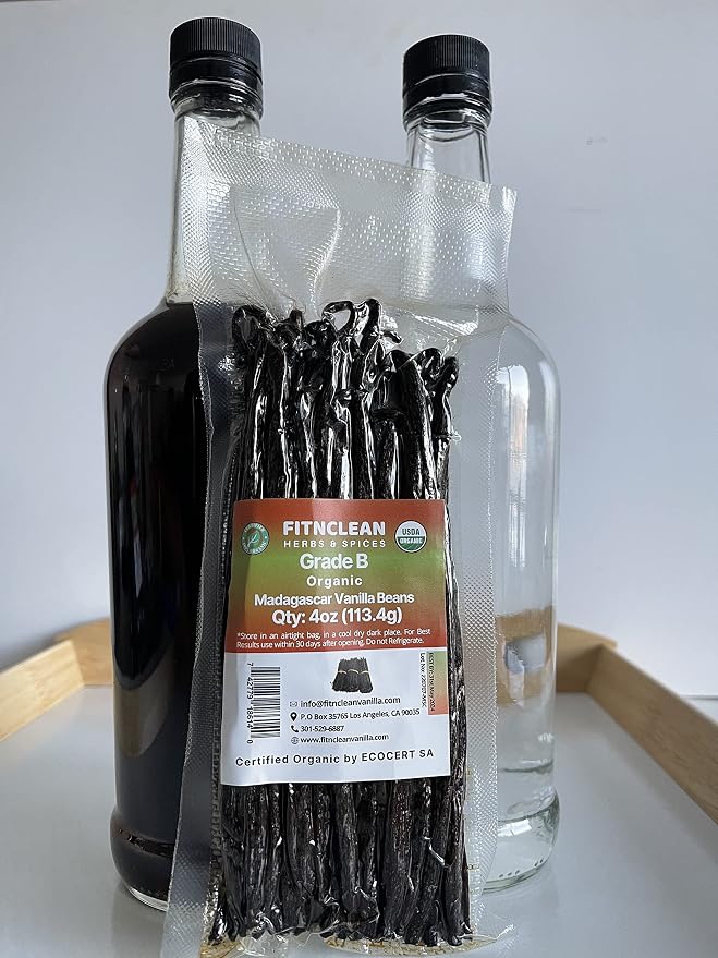 4oz Madagascar Vanilla Beans Organic Grade B. 5"-7" by FITNCLEAN VANILLA for extract, Cooking and Baking| 1/4Lb Whole NON-GMO Pods. Certified USDA Organic.
