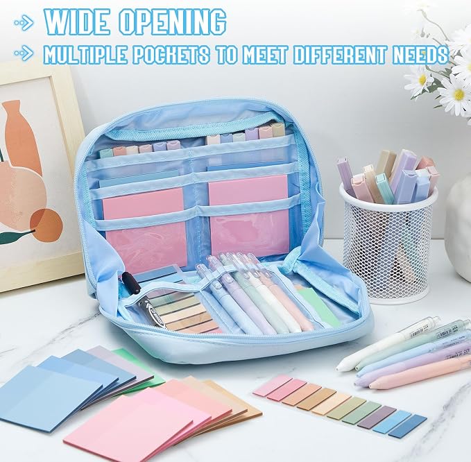 Jutom 39 Pcs Aesthetic Book Annotation Kit Highlighter with Case Bag Gel Pen Transparent Sticky Note Taking Bible Supplies(Blue,Kawaii Style)