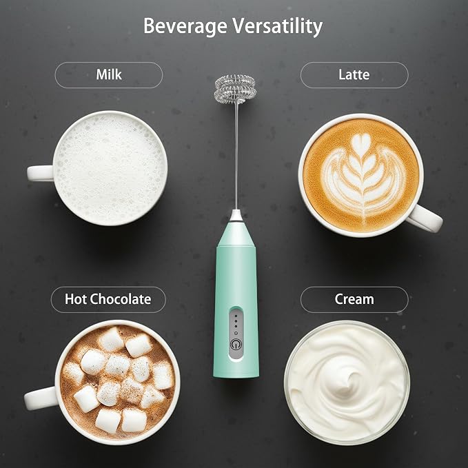 Puraville Rechargeable Electric Milk Frother Handheld, 3 Speeds Electric Whisk Drink Mixer, Type-C Charging BPA Free for Coffee, Latte, Cappuccino, Egg,Cream, Light Green