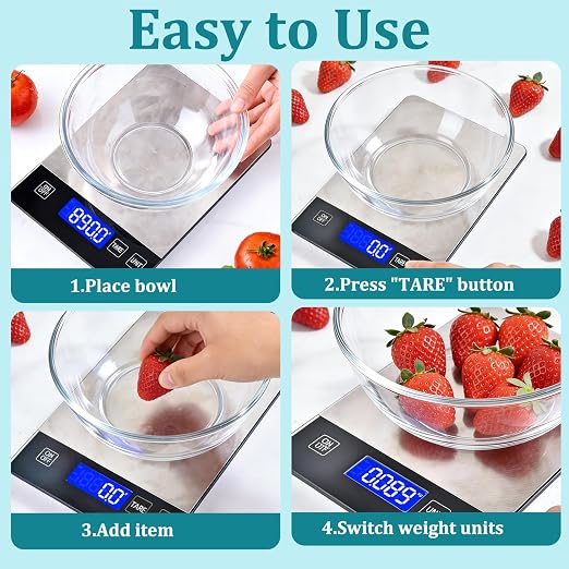 Food Kitchen Scale 15kg/33lb, Digital Grams and Ounces Scale for Weight, Baking, Cooking Platform with Type-C Rechargeable & Backup Battery Mode, 304 Stainless Steel