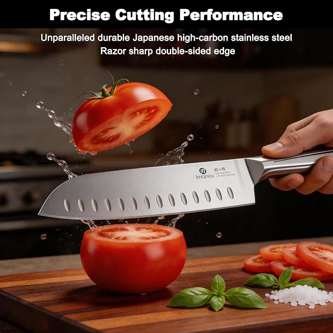imarku Chef Knife Ultra Sharp Santoku Knife 7 Inch, High Carbon Stainless Steel Japanese Kitchen Knife with Hollow Edge | Seamless Ergonomic Handle, Gift Box for Meat/Vegetables/Tomatoes & Daily Prep