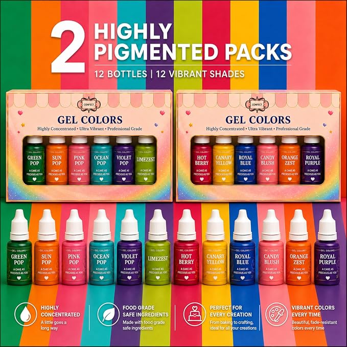 Confect Neon Pop Gel Food Coloring Set – 12 Highly Pigmented Colors for Buttercream, Cakes, Cookies, Macarons & Baking – 10mL Bottles