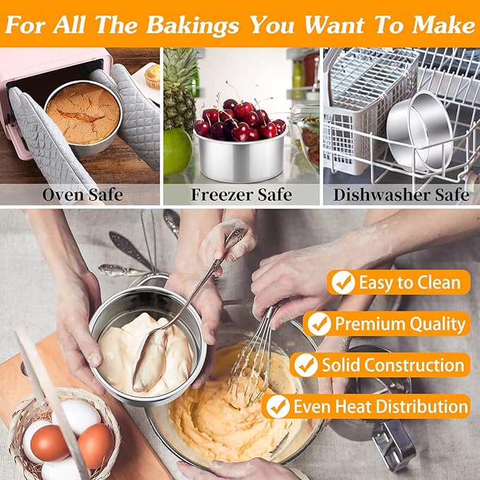 P&P CHEF 4 Inch Cake Pan Set of 4, Stainless Steel Baking Round Cake Pans Tins Bakeware for Birthday Wedding, Leak-proof & Easy Clean, Mirror Finish & Easy Releasing