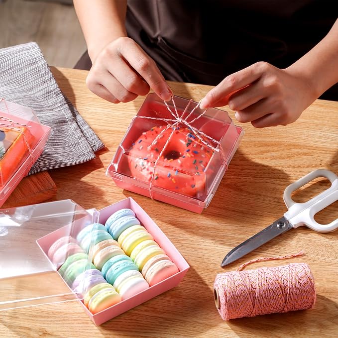 Jetec 300 Pack Charcuterie Boxes with Clear Lids and Rope 4 Inches Cake Disposable Square Dessert Food Box Containers with Lids for Bakery Macaron Cookies Strawberries Fruits Display (Pink)
