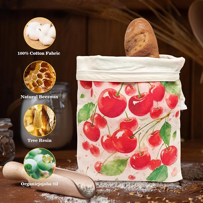 Beeswax Bread Bags for Sourdough 2 Pack 13"x17" Eco-Friendly Reusable Linen Cotton Storage Bags with Zipper Closure for Homemade Bread Fresh-Keeping, Freezer-Safe (Cherries)