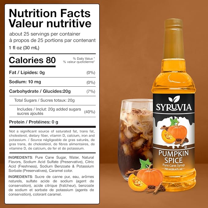 Syruvia Coffee Syrup, Pumpkin Spice Flavored Syrup for Drinks, Lattes, and Desserts – 25.4 fl oz - with Pump