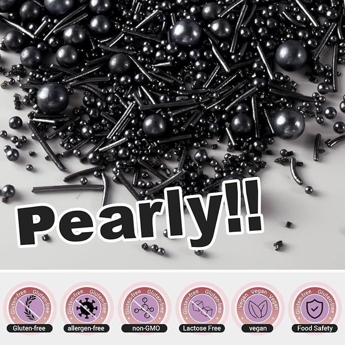 HUEBEATY 6-in-1 Black Edible Cake Pearls Sprinkles for Cake Cookies Decorating and Baking | 180g/6.36oz | Black Sanding Sugar for Cookies | Edible Graduation, Halloween Sprinkles and Decorations