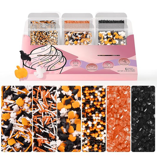HUEBEATY 6-in-1 Halloween Sprinkles Set – 180g Edible Fall Thanksgiving Pumpkin, Ghost & Bat Confetti Mix with Black & Orange Sugar Crystals, Nonpareils & Jimmies – Spooky Cupcakes, Cookies & Cakes Decorating Toppings