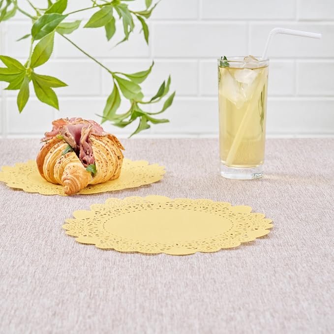 Pastry Tek 8 x 8 Inch Paper Lace Doilies, 100 Disposable Table Doilies - Elegant Lace Finish, Long Lasting, Orange Paper Doily, for Pastries, Cupcakes, Desserts - Restaurantware