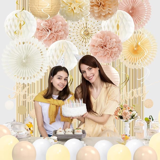 Champagne-Gold Pink Birthday Decorations for Women Girls,Pre-Strung Happy Birthday Banner,Boho Peach Paper Lanterns Tissue Pom Poms Fan,Cream White Balloons,Girl Woman Party Backdrop Supplies