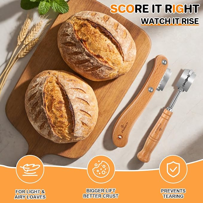PHILORN 2pcs Set Bread Lame with 10 Stainless Steel Blades, Finger Sleeves and Protective Cover - Sourdough Razor Scorer with Straight & Curved Scoring Knife - Ergonomic Wooden Handle Gift for Bakers