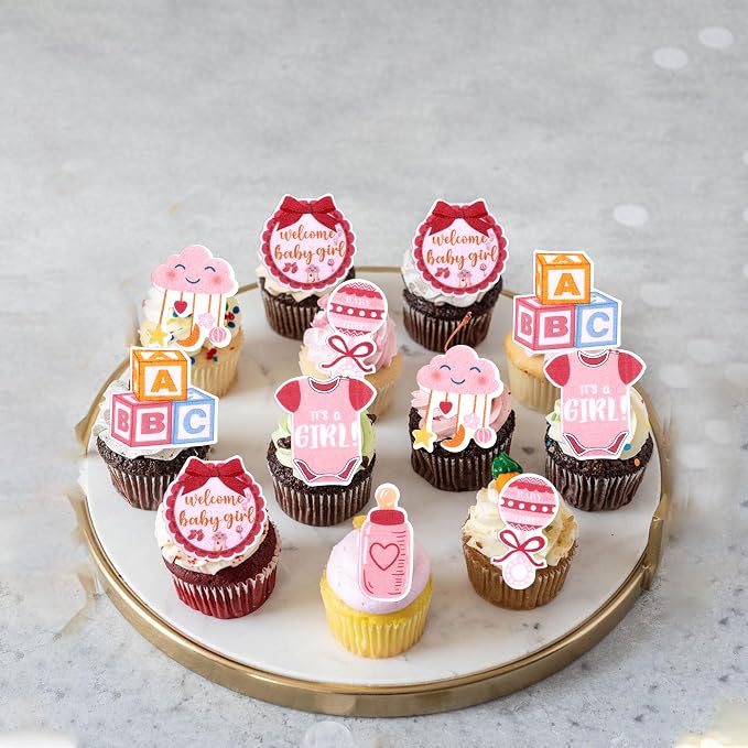 60 PCS Edible Oh Baby Cupcake Toppers Pacifier Cloud Moon Star Welcome Baby Girl Cupcake Picks Edible Baby Shower It's a Girl Cake Decorations for Baby Shower Girls Birthday Party Supplies Pink