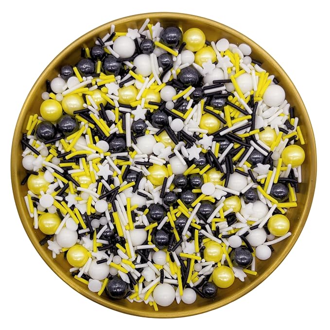 Yellow & Black & White Sprinkles Mix Size Pearls Bumble Bee Themed Cake Decorations Cupcake Toppers Perfect for Wedding Valentine Supplies 4.58OZ