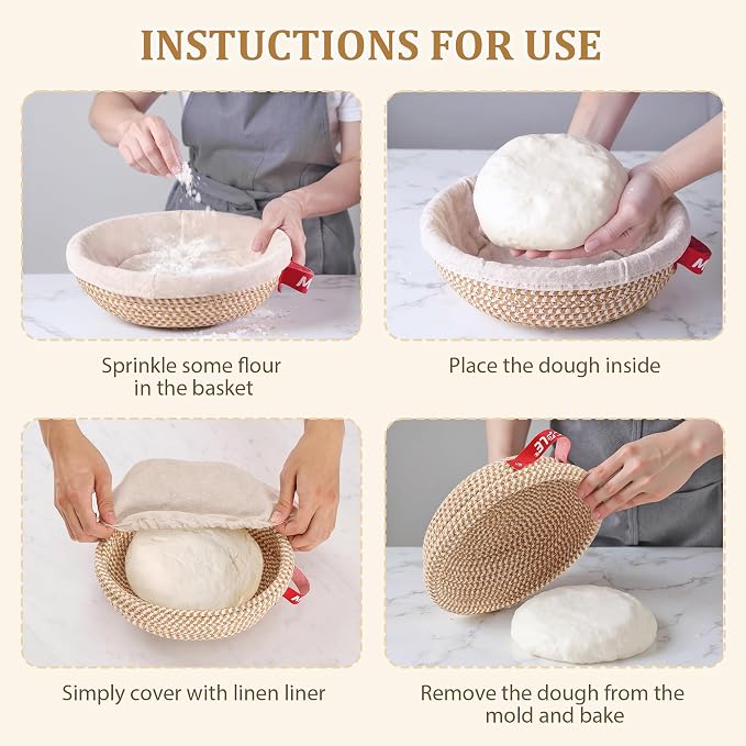 Sourdough Bread Baking Supplies,10" Round and 11" Oval Cotton Rope Banneton Proofing Basket with Liners & Covers，Ideal for Artisanal Breadmaking for Home and Professionals Bakers Baking