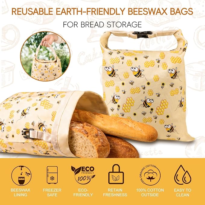 2 Pack Beeswax Bread Bags for Sourdough, Reusable Cotton Linen Bread Storage Bags for Homemade Bread, XL 17'' x 13'', Roll-Up Closure, Freezer Safe