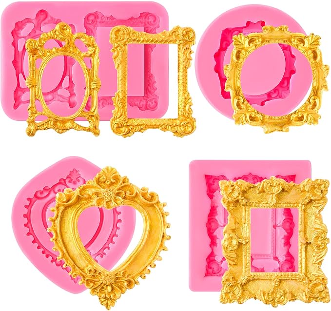 Puyeipt 4 Pcs Photo Frame Silicone Molds, Baroque Style Picture Photo Frames Fondant Molds for Cupcake Topper, Chocolate, Candy, Donut Cake Puck Decoration and Clay Craft Making