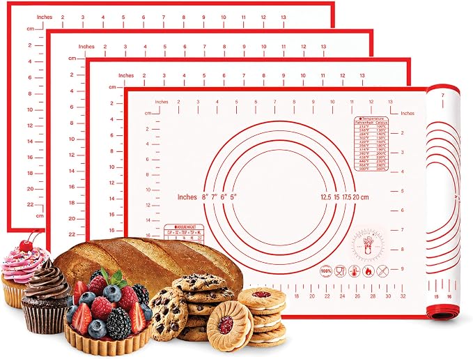 Silicone Baking Mat, Non-Stick Pastry & Dough Mat with Guides, Half Sheet Silicone Mat for Baking & Kitchen Counter, Baking Supplies, 11"x16" (Pack of 4)