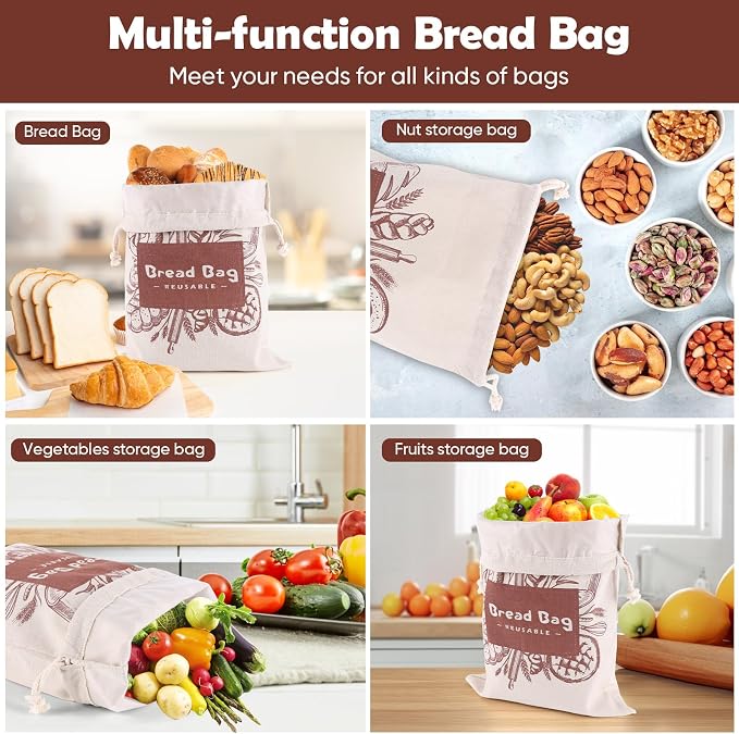 Bread Bags, 2 Pack Bread Bags Reusable Linen with Plastic Lining, Large 17“×13”Homemade ‌Loaf Storage Bags Bread Box for Artisan Bread, Round Loaf, Sourdough