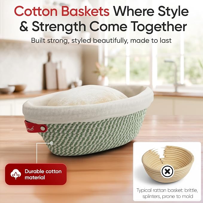 Levainé 2 Pack Cotton Rope Banneton Bread Proofing Basket Set, Round & Oval Sourdough Proofing Baskets with Liners and Covers, Washable Bread Baking Supplies for Homemade Artisan Bread