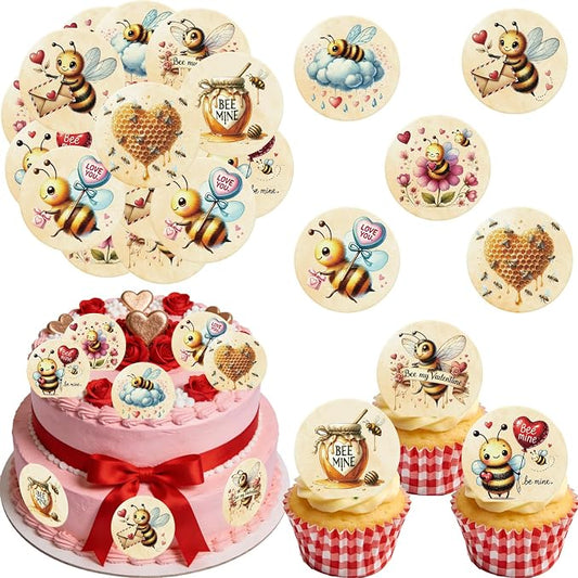 36PCS Edible Bee My Valentine Cupcake Toppers Wafer Paper Honey Bee Love You Cupcake Picks Bee Mine Cake Decor for Valentine's Day Theme Engagement Party Decor Supplies
