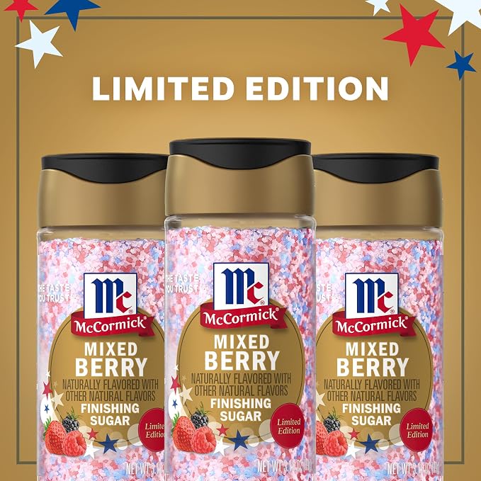 McCormick Finishing Sugar, Mixed Berry, Limited Edition, Sweet Berry Flavors, Sprinkle on Breakfast and Dessert Favorites, Garnish Beverages, 3.15 oz