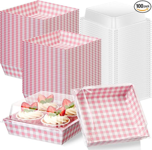 Potchen 100 Pack Pink Plaid Charcuterie Boxes with Clear Lids – Pink ＆ White Bakery Gift Boxes with Window for Cookies, Candy, and Mini Cakes – Ideal for Summer Gift Giving & Bakery Packaging