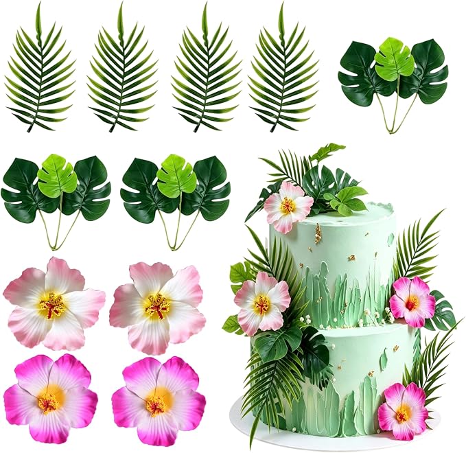 13PCS Artificial Hibiscus Flower Cake Toppers Hawaii Pink White Hibiscus Cupcake Decors for Hawaii Theme Bridal Wedding Engagement Floral Cake Picks Summer Holiday Party Decor Supplies