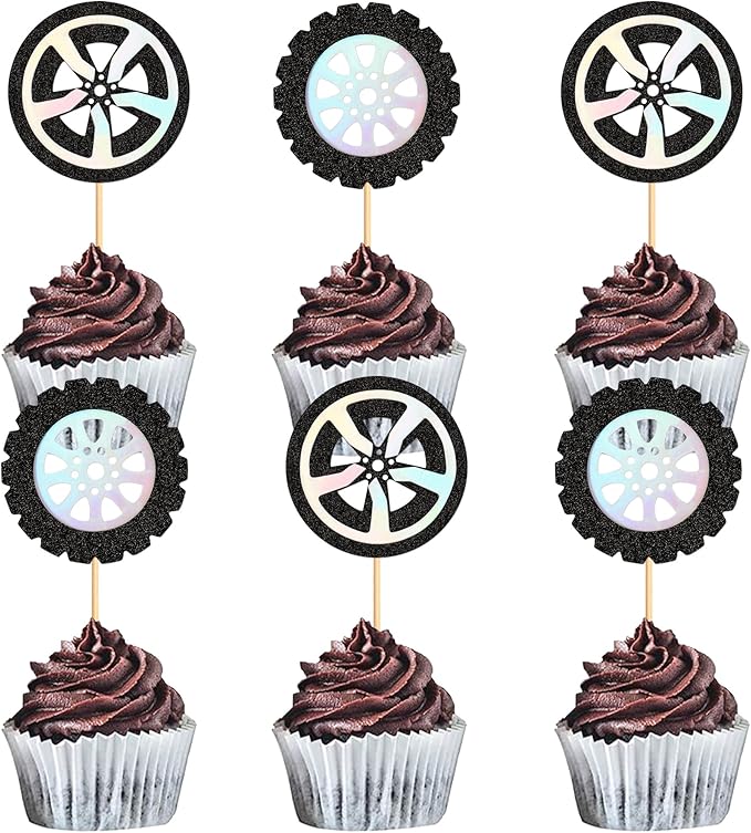 Ercadio 24Pcs Race Car's Wheels Cupcake Toppers Black Silver Wheels Car Tires Cupcake Picks for Racing Car Party Cake Decorations Baby Shower Kids Birthday Party Decoration Supplies