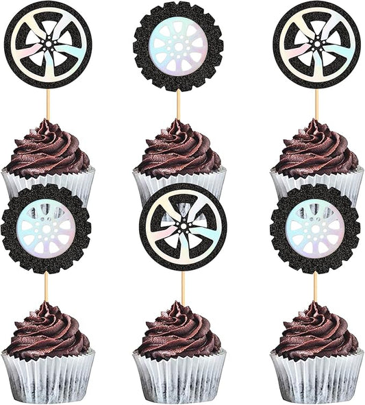 Ercadio 24Pcs Race Car's Wheels Cupcake Toppers Black Silver Wheels Car Tires Cupcake Picks for Racing Car Party Cake Decorations Baby Shower Kids Birthday Party Decoration Supplies
