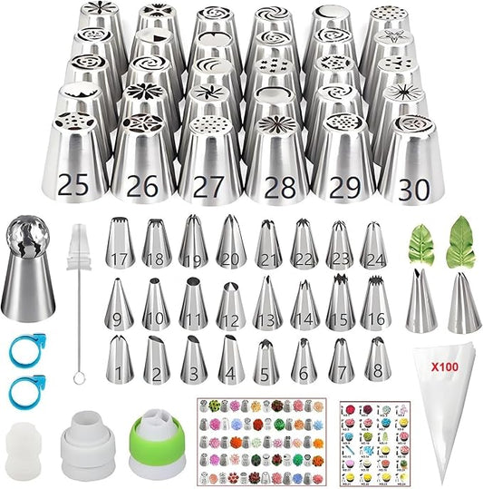 ANSLYQA Russian Piping Tips Set, 166 Pcs Baking Tools | 30 Numbered Russian Tips, 24 Numbered Icing Tips, 1 Ball Tip, 2 Leaf Tips, 100 Pastry Bags & More for Cake Cupcake Decorating